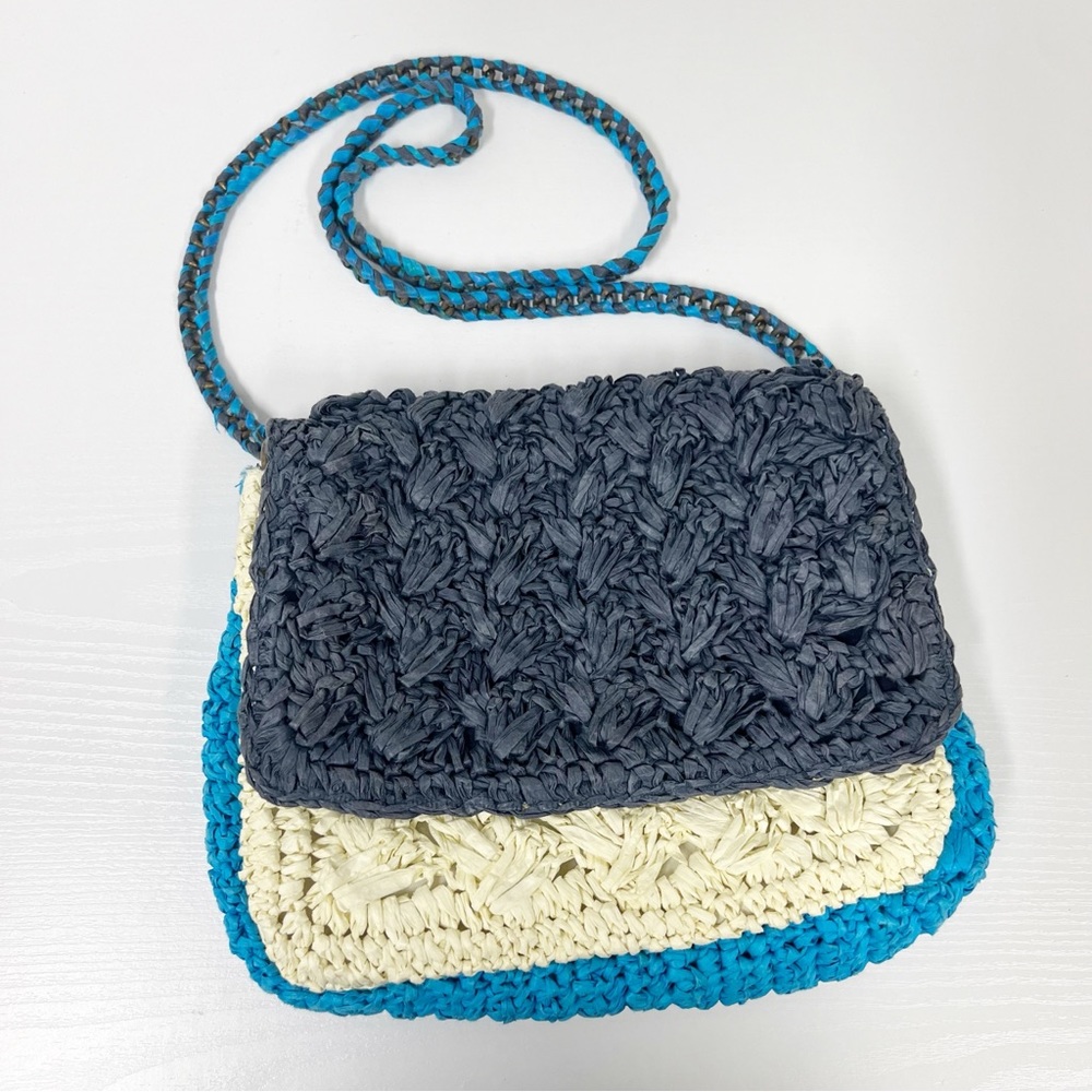 J. Crew Blue Color Block Colorblock Raffia Crossbody Purse - Picture 1 of 7